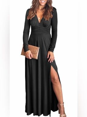 Black Long-Sleeve V-Neck Maxi Dress with High Side Slit